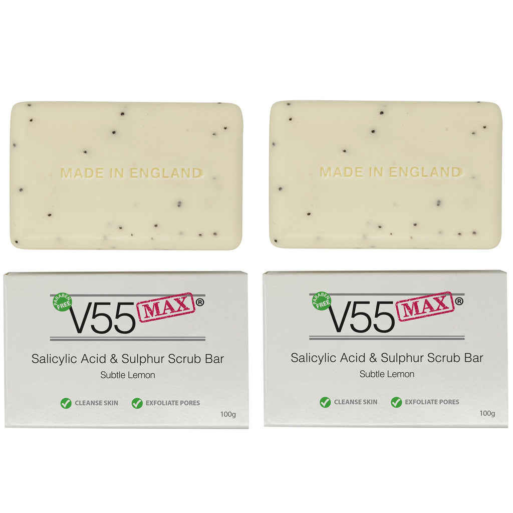 V55 MAX Salicylic Acid, Tea Tree Oil and Sulphur Soap Scrub - Paraben and Cruelty FREE - 100 grams