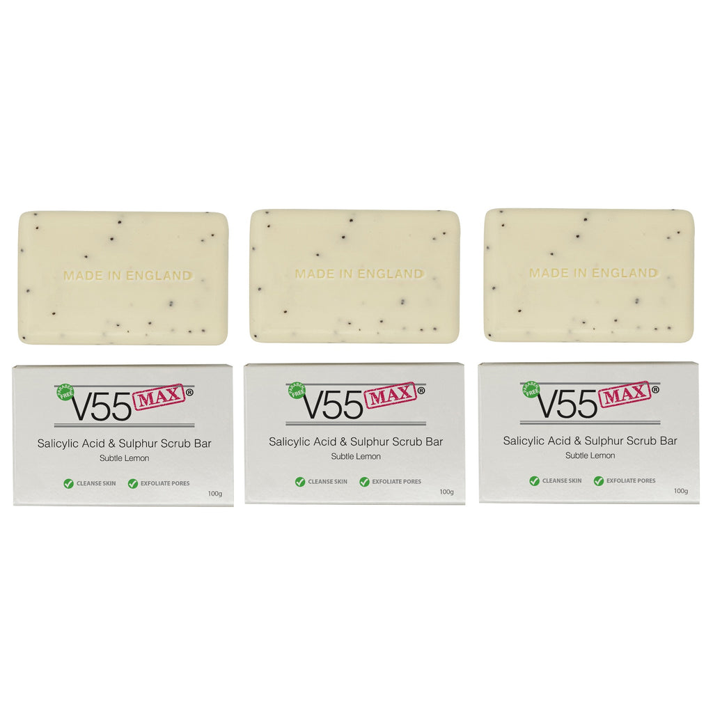 V55 MAX Salicylic Acid, Tea Tree Oil and Sulphur Soap Scrub - Paraben and Cruelty FREE - 100 grams