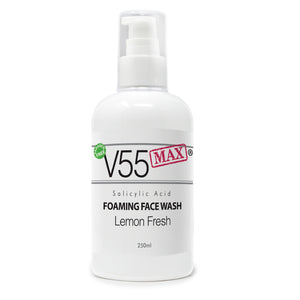V55 MAX Salicylic Acid Cleansing Face Wash Suitable and Safe for those Prone to Spots Acne Blackheads Milia Pimples Blemishes Problem Skin - Paraben and Cruelty FREE - 250ml Lemon
